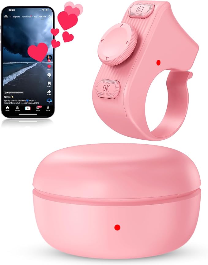 [New Upgrade, Easy to Use] TikTok Scrolling Ring Remote Control, Camera Shutter Remote, Wireless Bluetooth Scrolling Ring for iPhone, iPad, iOS, Android - Light Pink by duskeep
