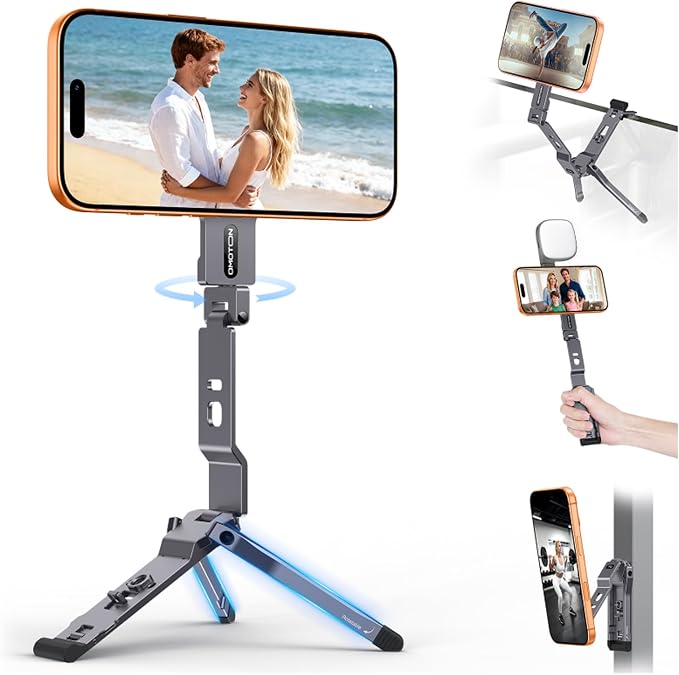 OMOTON TP03 [Ultra-Slim] 360° Rotating for MagSafe Tripod with Hook, Gray | Magnetic Phone Tripod for iPhone 17/16 Pro Max Air, Fold Cell Phone Stand with 1/4" Screw, Fits Vlog, Travel, Gym, Women Men by OMOTON
