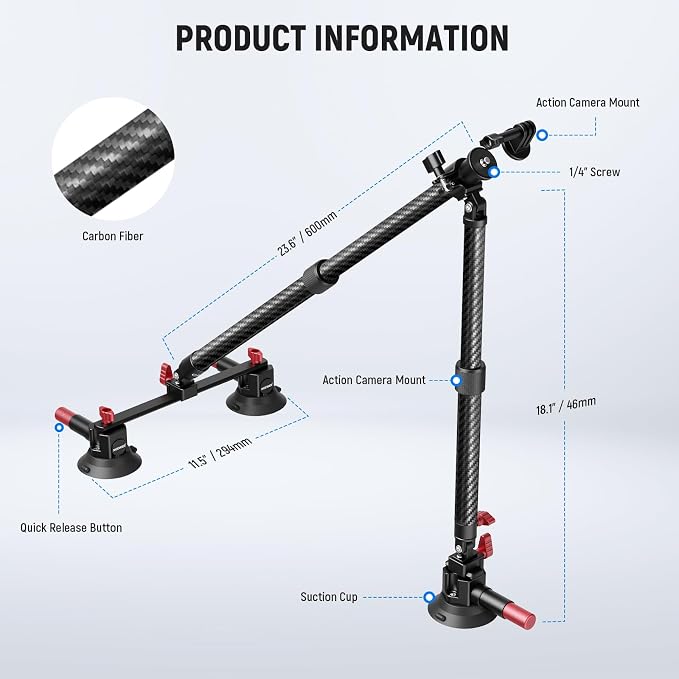 NEEWER Triple Suction Cup Car Mount Kit, Carbon Fiber Camera Mount with Action Camera Adapter, NATO Rail & 24"/60cm Extension Pole Compatible with GoPro Insta360, 2.2lb/1kg Max Load, CA136 - Image 7