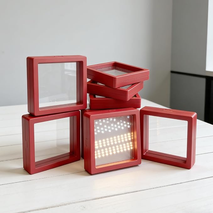 12 PCS Dual-Color Packaging Box 3D Floating Frame Display Stand, Color-Matching Packaging Display Box, Transparent Window Jewelry Case, PE Film Anti-Oxidation Storage Case. (Red+Black) - Image 3
