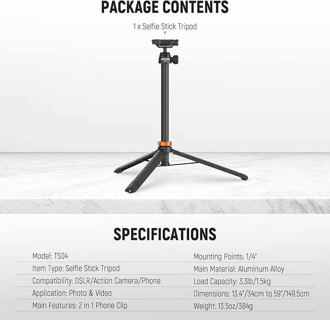 NEEWER Basics 59" Selfie Stick Tripod Compatible with iPhone Canon Sony | For DSLR Camera, Small, Metal, Portable Travel Desk Stand, for Video Recording, Filming, TS04 - Image 9