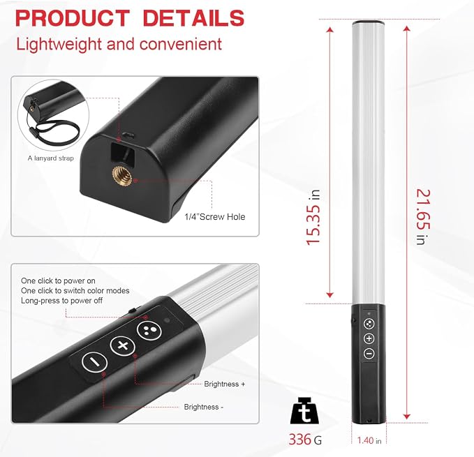 Hagibis RGB Handheld LED Video Light Wand Stick Photography Light 9 Colors,with Built-in Rechargable Battery and Remote Control,1000 Lumens Adjustable 3200K-5600K,Hot Shoe Adapter Included.. - Image 3
