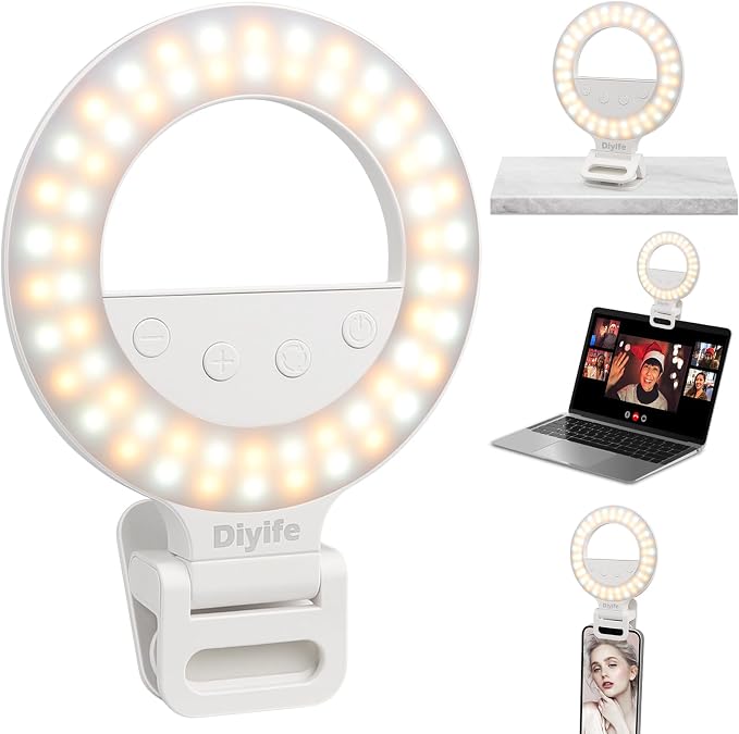 Diyife Selfie Ring Light, 60 LED Rechargeable Selfie Light for Phone | 360° Rotation 1000mAh 10 Level Brightness Portable Phone Clip on Light for Laptop, Makeup, Vlog, TikTok, Video Recording by Diyife