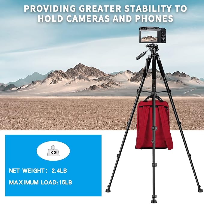 74’’ Camera Tripod,Heavy Duty Camera Stand Tripod,Cell Phone Tripod with Phone Holder, Professional Travel DSLR Tripods Compatible with DSLR Cameras,Cell Phones,Projector,Webcam(Black) - Image 5