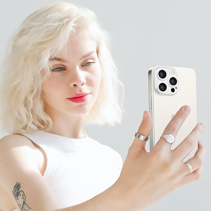 for iPhone 15 Pro & iPhone 15 Pro Max Camera Lens Protector, Bling 3D Rhinestone Diamond 9H Tempered Glass Camera Cover Anti Scratch Shockproof Lens Full Protective Cover -Silver - Image 7