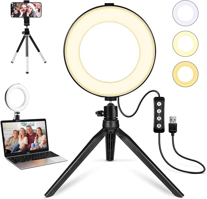 2 in 1 LED 6" Ring Light with Tripod Stand & Clamp for YouTube Video and Makeup, Mini LED Camera Light with Cell Phone Holder Desktop Lamp with 3 Light Modes & 11 Brightness Level by MACTREM