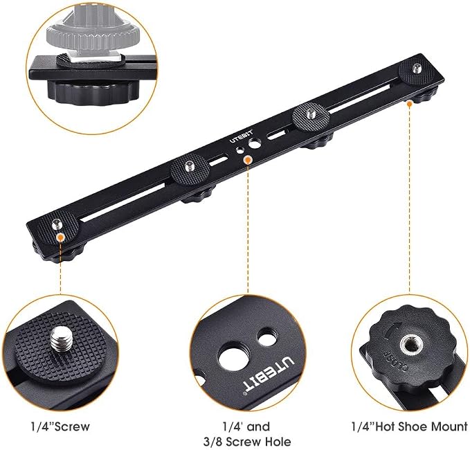 UTEBIT Long Dual Speedlite Tripod Mount Bracket Extension Bar | 11 inch Tripod Mount with 1/4'' Hot Shoe, Straight Flash Mount 1/4-3/8 Thread Hole Flash Bracket for LED Light,DSLR Camera - Image 4