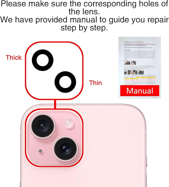 ASDAWN Back Rear Camera Lens Glass Replacement for iPhone 15 6.1 inch and 15 Plus 6.7 inch with Pre-Installed Adhesive, Back Lens Glass with Installation Manual + Repair Tool Set - Image 7
