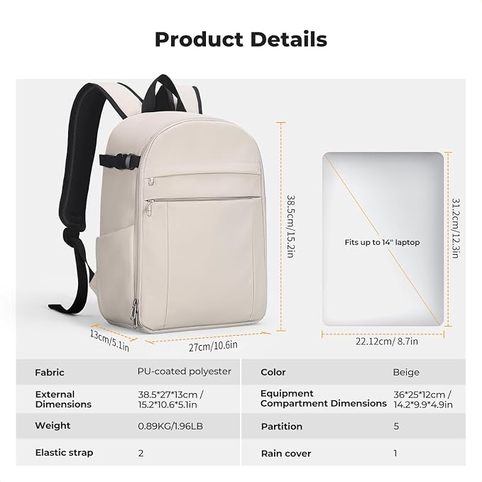 K&F CONCEPT Camera Backpack, DSLR/SLR/Mirrorless Photography Camera Bag | 14in Laptop Compartment & Rain Cover, 600D Fabric for Travel & Daily, Men & Women, Dual-Mode Detachable Dividers, White, B19 - Image 3