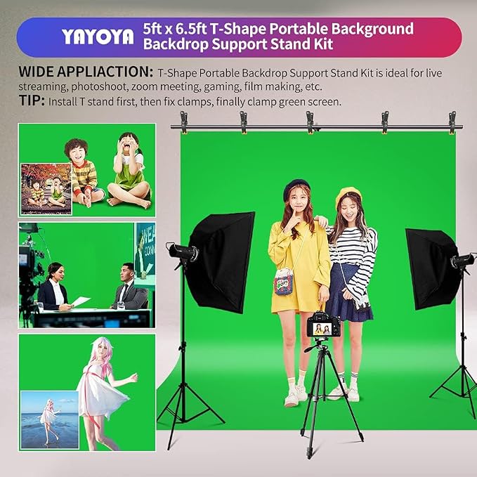 Green Screen Backdrop Stand Kit, 5x6.5FT Portable Greenscreen | Adjustable, carrying bag & 5 clamps, chromakey backdrop with T shape stand, for streaming, photography, gaming, zoom, video - Image 5