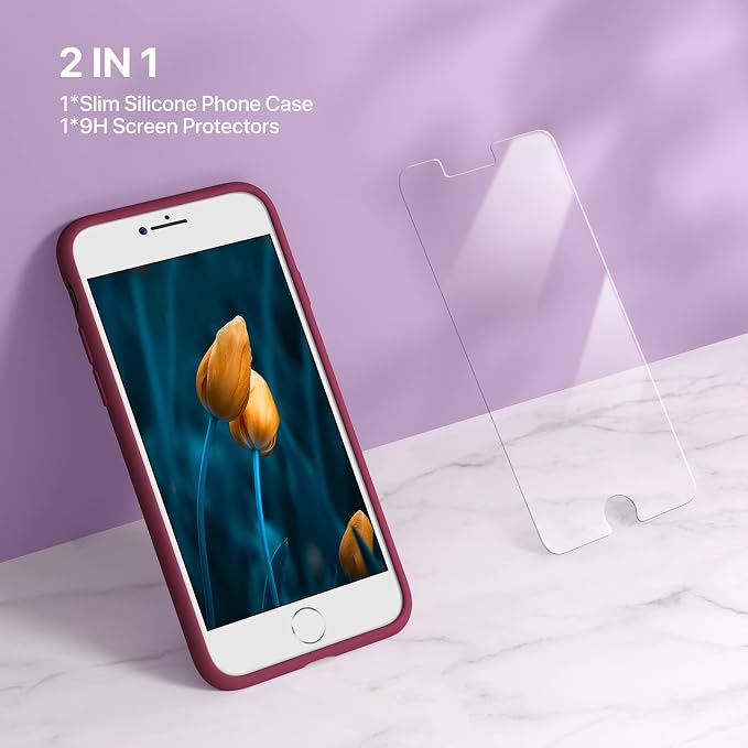 Miracase Silicone for iPhone SE 2022/SE 2020/7/8 Case,Wine Red | Ultra Slim Cover with Screen Protector, Soft Microfiber Lining, Multi-Color Premium Silicone Shockproof Phone Case - Image 2
