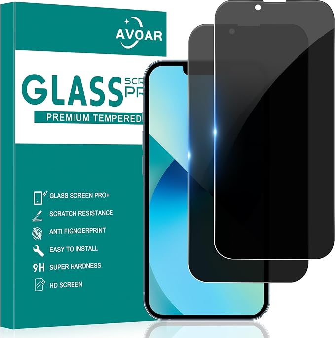 2 Pack Privacy Screen Protector for iPhone 14/13/13 Pro, 6.1 Inch | Tempered Glass Film, Anti-Spy, Bubble Free, Case Friendly by AVOAR