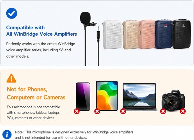 WinBridge Clip-on Lavalier Microphone for Voice Amplifier, 3.5mm Wired Mic | Replacement Collar Mic Compatible with All WinBridge Voice Amplifiers for Teaching, Tour Guide & Presentation, S6 - Image 2