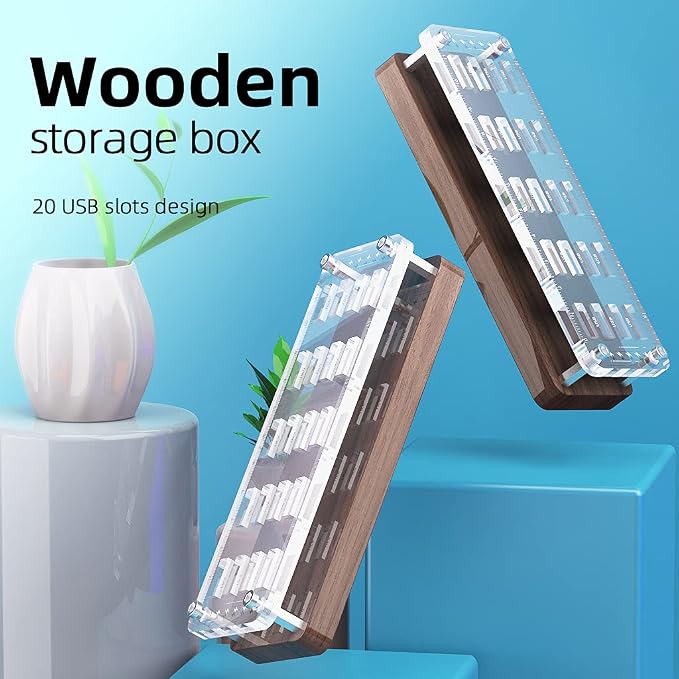 20 Slots Wooden Memory USB Flash Disk Card Case, TF Card Box and Micro SD Drive Card Holder Desk, U-Shield Memory Storage Racks - Image 3