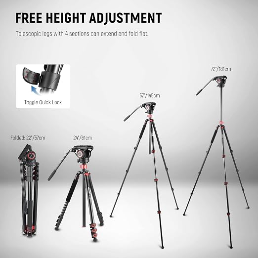 NEEWER 72" Fluid Head Video Tripod Monopod, Aluminum Alloy QR Plate Compatible with DJI RS Gimbal, 360° Pan & +90°/-70° Tilt for DSLR Camera Camcorder, Max Load 13.2lb/6kg, TP72A - Image 4