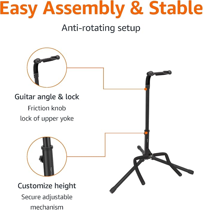 Amazon Basics Height Adjustable Foldable Guitar Stand with Secure Support, Padded Non-Slip Floor-Stand for Acoustic, Electric, Bass and Banjos, Portable Display-Stand, Black (Pack of 10) - Image 3
