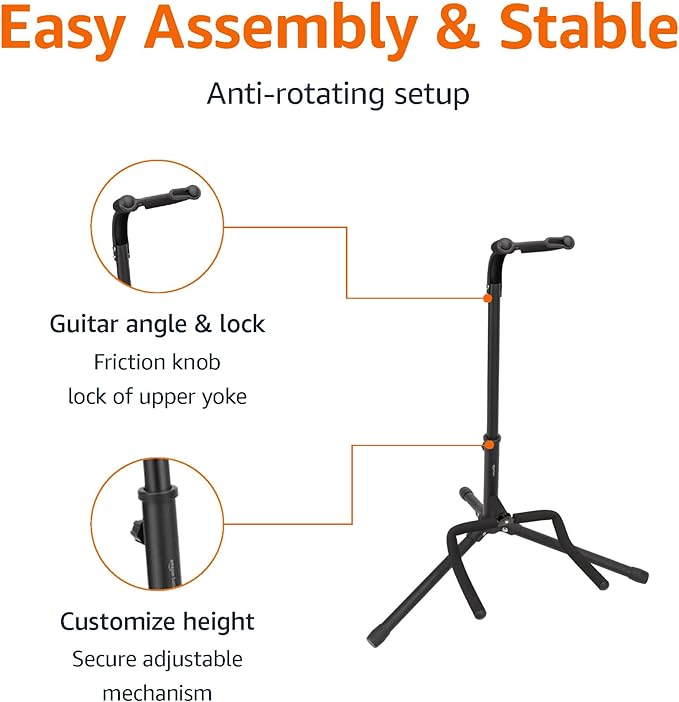 Amazon Basics Height Adjustable Foldable Guitar Stand with Secure Support, Padded Non-Slip Floor Stand for Acoustic, Electric, Bass and Banjos, Portable Display Stand, Black - Image 3