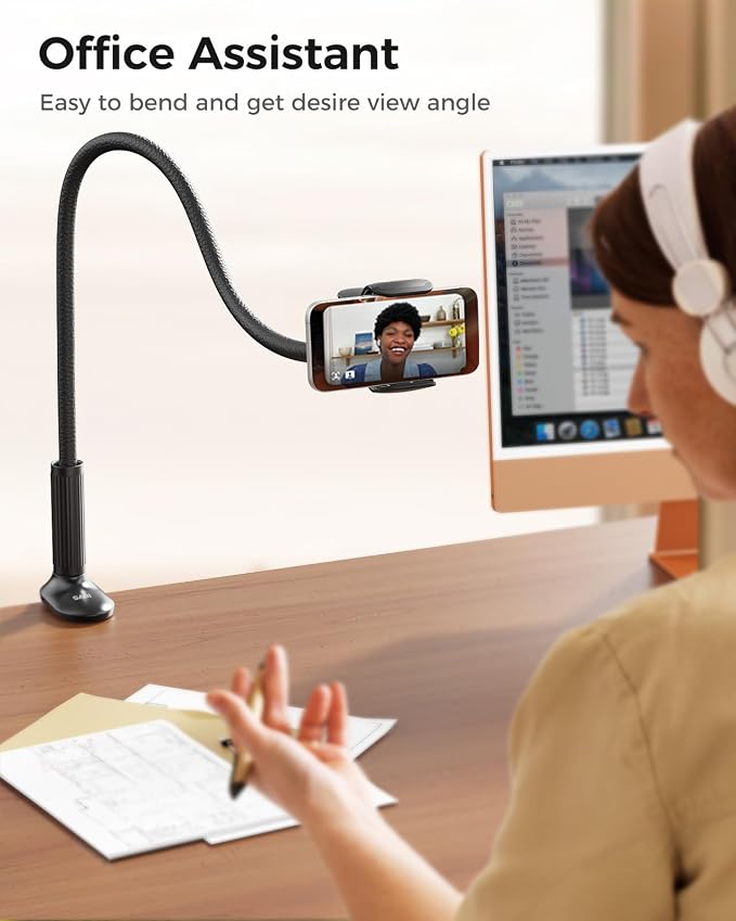 SAIJI Gooseneck Phone Holder for Bed Overall Length 38.6” Flexible Leather Wrapped Arm Overhead Cell Phone Mount Stand with 360° Adjustable Clamp Clip, Compatible with All 4-7” Cellphones (Black) | 38.6” Flexible Leather Wrapped Arm, Phone Stand with 3... - Image 7