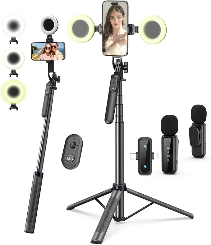 Vlogging Kit for iPhone/Android, 71" Selfie Stick Tripod for iPhone with Fill Light, Wireless Mic & Remote, Adjustable Aluminum Phone Tripod for TikTok/YouTube Content Creator Essentials Starter Kit‌ by YEAKI
