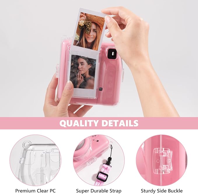 Fuji Mini SE Clear Case, Hard PC Protective Case for Instax Mini SE Instant Camera with Cute Cartoon Sticker & Adjustable Shoulder Strap - Pink Hey Cat - Image 3