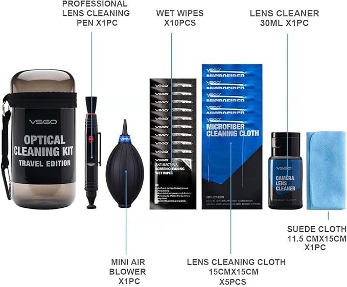 VSGO Optical Camera Lens Cleaning Kit Travel Edition | Lens Pen, Air Blower, Lens Cleaner, Screen Cleaning Cloth and Wet Wipes & Microfiber Cleaning Cloth Included, DKL-15D - Image 2
