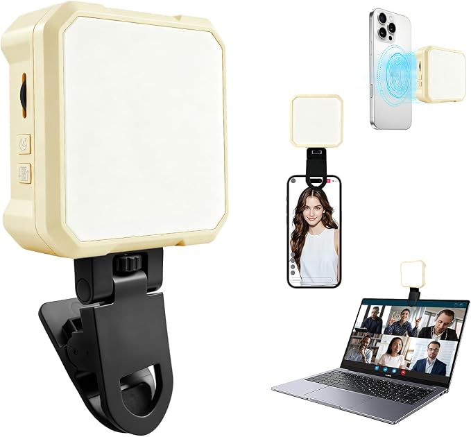 Ailight Magnetic Selfie Light for Phone, 2000mAh Portable Video Conference Lighting with Clip, CRI 98+ 2500K-9000K Rechargeable LED Video Light with Flip-Up Gimbal for Makeup, Photography - Yellow by Ailight