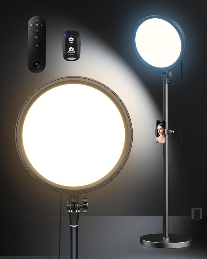 Aureday 12” Ring Light with Stand and Phone Holder, 79” Tall LED Circle Light with Weighted Base & Remote, Dimmable Floor Lamp for Video Recording, Barber, Live Stream, Makeup, Photography by Aureday