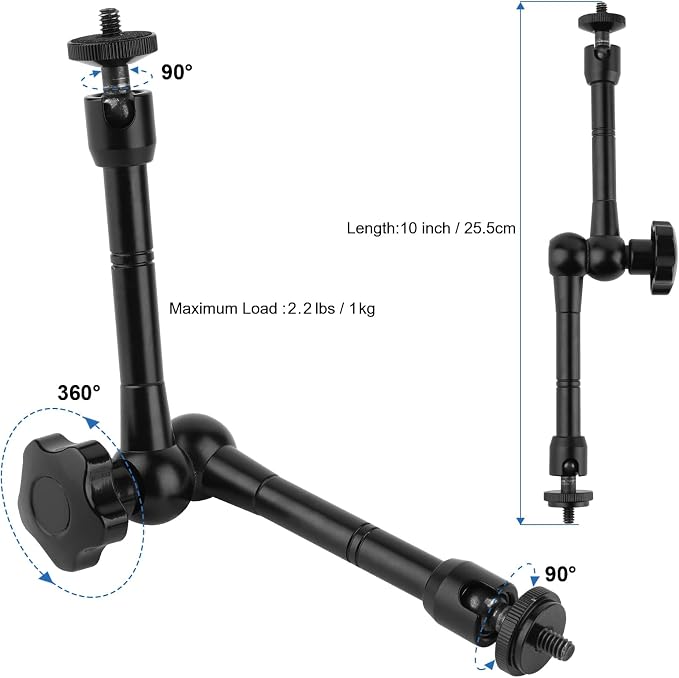 Super Clamp Camera Clamp Mount,10inch 360° Adjustable Articulating Magic Arm Holder,1/4"-20 Thread for Video Light / Insta360 / Canon Nikon DSLR Cameras,Adapter for GoPro Hero 13/12/11/10/9/8/7/6/5 - Image 6