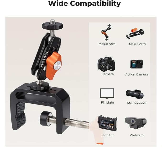 K&F CONCEPT Camera C-Clamp Mount with Double Ball Head Magic Arm | 360° Adjustable Clamp Desktop Mount, for Action Camera, Monitor, LED Light and Microphone - Image 3