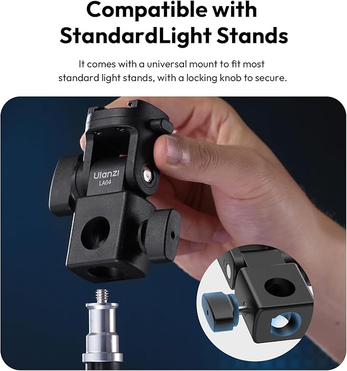 ULANZI LA04 Light Stand Mount Adapter w 1/4" Screw for Light Tripod | Quick Release,180° Tilt, Load 6.6lb, for Camera Mounting Plate Monitor Ring Light, Fits Flat Head Stand Boom Arm C Stand - Image 7