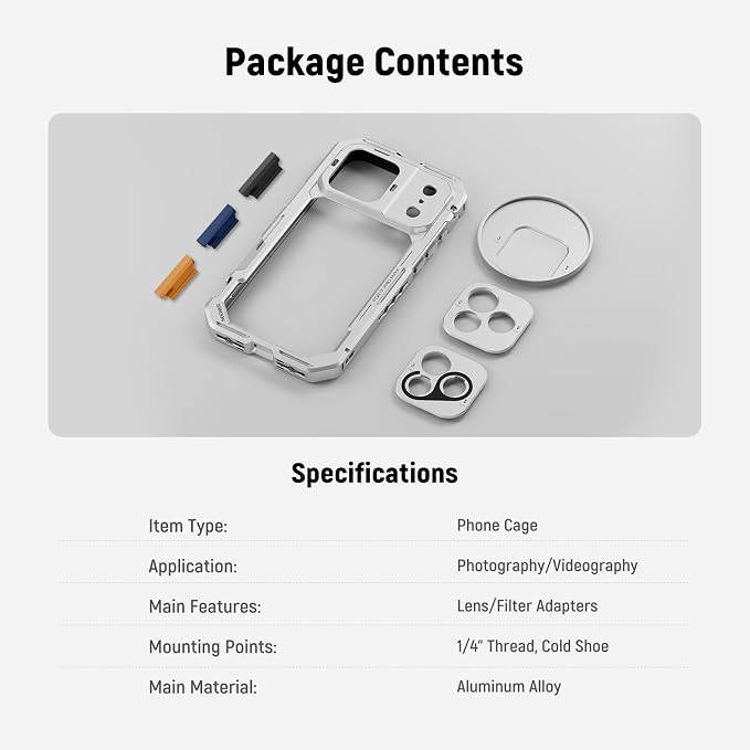 NEEWER Phone Cage Compatible with iPhone 17 Pro Max, Quick Release Video Rig Stabilizer Accessories with 67mm Filter Ring, 17mm Lens Backplate, T Mount Adapter, 4X Camera Control Cap, PA144 (Silver) - Image 8