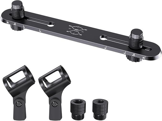 Stereo Array Spacing Mic Bar, Portable Dual Microphone Mount, Precision ORTF XY Stereo Bar, Lightweight Mic Holder for Podcast, Field Recording, 1/4”, 3/8” & 5/8” Thread Adapter Fits Most Mic Stands by Jidinung-Kubeisi