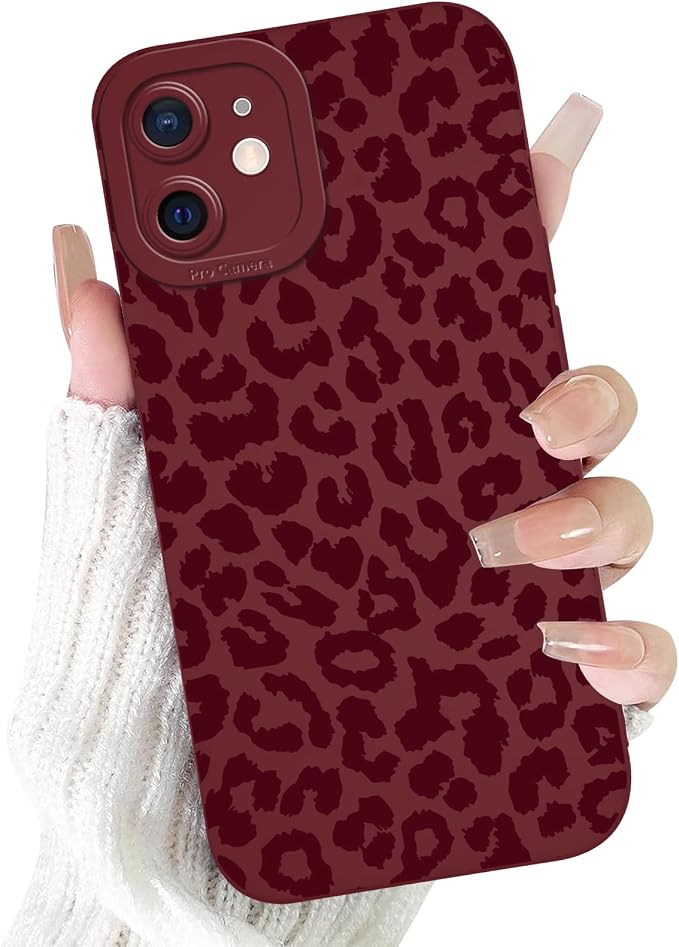 Cute Burgundy Cheetah Print Phone Case for iPhone 12 6.1" | Aesthetic Leopard Pattern Design Cover Full Camera Lens Protective Shockproof Soft Slim TPU Funda for Women Girls by Unknown