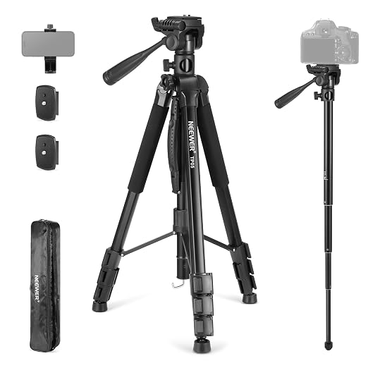 NEEWER Basics TP05 74" Video Tripod Monopod, 3 Way Pan Tilt Head Phone Holder Compatible with iPhone DSLR, Travel Recording Stand, Overhead Camera Mount, Crossbar, 17.6lb Load by Neewer