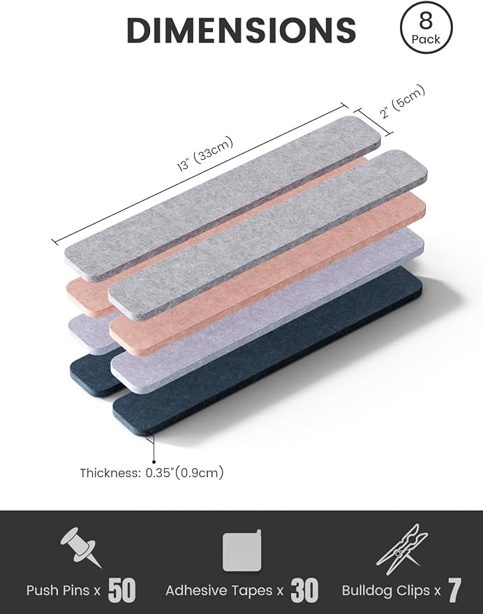 Fluxynara 13" x 2" Felt Wall Panels, Heather Grey | 8-Pack Includes 50 Push Pins and Adhesive Tabs for Photos, Notes and Decor in Bedroom Doors, Home Office or Studios - Image 2