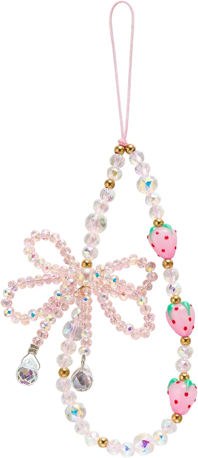 BEEFLYING Bow Beaded Phone Charm Wrist Strap for Case, Pink | Y2K Cell Phone Chain with Bowknot Strawberry, for Bag Keychain Camera Wallet by BEEFLYING