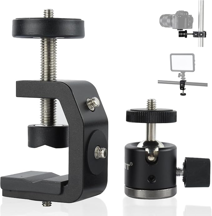UTEBIT Super Clamp Mount with Mini Ball Head Mount, 30mm | 1/4" Screw Hot Shoe Adapter Camera Clamp for Desk, Bicycle, Gopro Compatible with DJI Action 2/Insta360, Black by UTEBIT