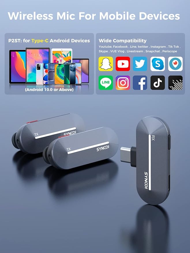 SYNCO Wireless Lavalier Microphone USB-C, P2ST Dual Mic 2.4GHz with Charging Case 2TX 1RX for iPhone 16/15 pro max YouTube TIK Tok Live Streaming Vlog, Wireless-Lavalier-Microphone-Dual-Smartphone - Image 5