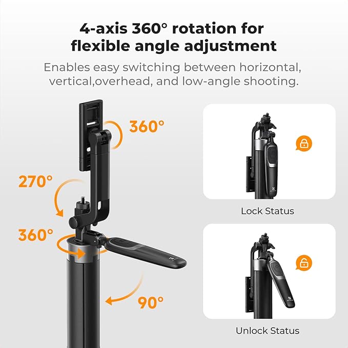 K&F CONCEPT 69" Auto Open Selfie Stick with 4 Legs & Stabilizing Handle | Phone Tripod, 360° Rotation Cell Phone Tripod Stand with Remote Control, Compatible with iPhone Osmo Pocket 4/3, A702 - Image 5