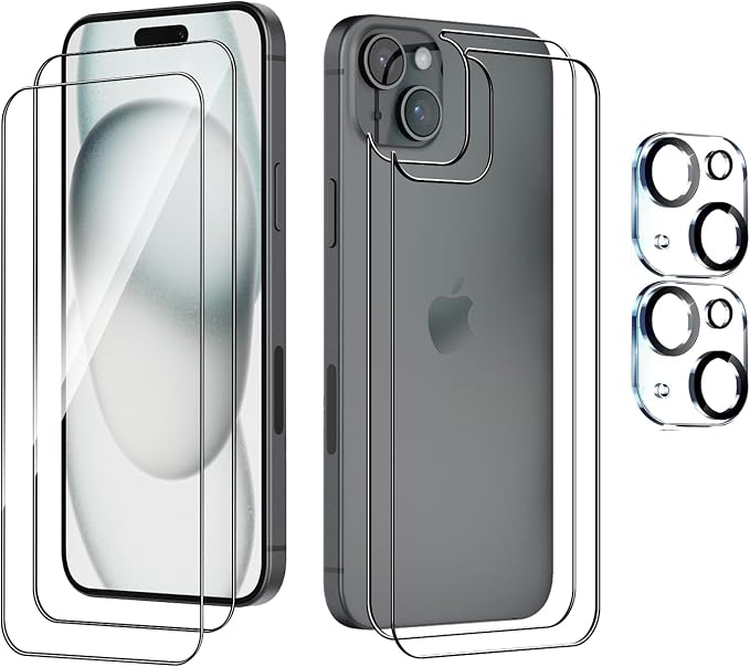 Front and Back Protector for iPhone 15 Plus + Camera Lens Protector | (2+2+2) 9H Hardness, Easy to Install with Alignment Tool,Case Friendly by BIGFLYANTS