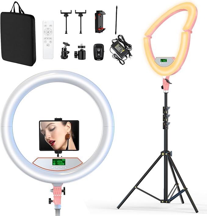 22" Ring Light with Stand: Touch Screen LED Display & 75" Tall Tripod, | 3 Color modes 6500K / 2 USB Ports Foldable LED Big Ring Light Tripod for Live Stream,YouTube,TikTok Video Shooting, Pink by Auriani