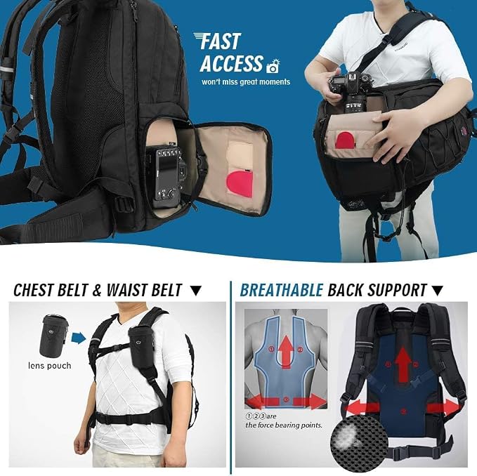 Waterproof DSLR Camera Backpack with 17" Laptop Compartment, Rain Cover | Fits Nikon Canon Sony Pentax DSLR/SLR Cameras, Tripod Holder, Padded Dividers, Large Capacity, Ideal for Outdoor Travel - Image 4