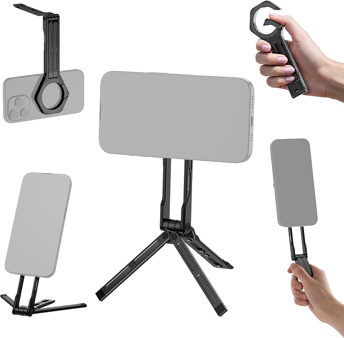 NEEWER Magnetic Phone Tripod Stand, Metal Lightweight Portable Cell Phone Holder Desk Mount Selfie Stick Grip Carabiner Style Quick Release, Compatible with MagSafe iPhone for Video Recording, DS027 by Neewer