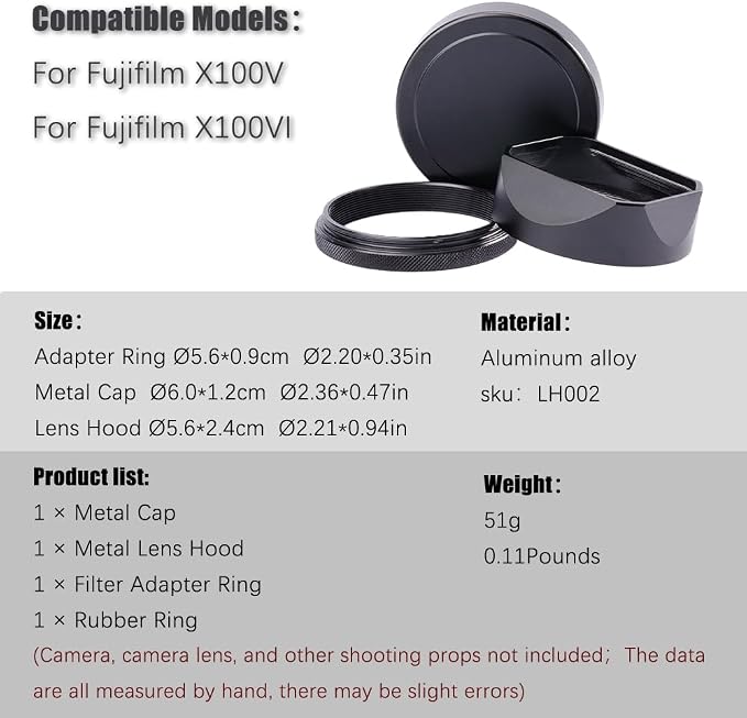 Metal Square Lens Hood (with Cap) with 49mm Adapter Ring for Fujifilm X100V/X100VI Camera Accessories (X100VI-Lens Hood-Black) - Image 9