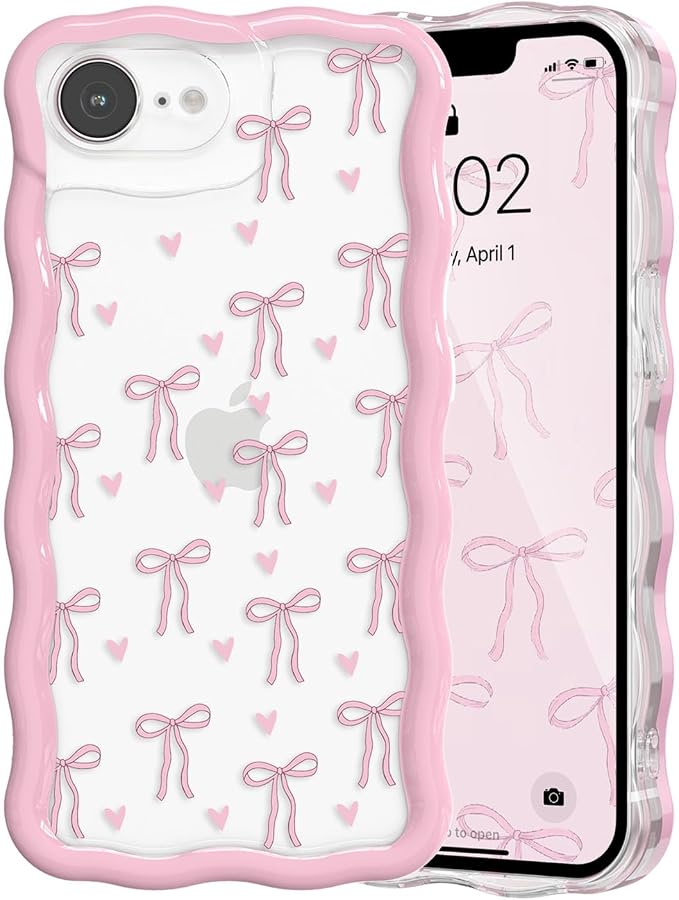 QLTYPRI for iPhone 17e/16e Pink Bow Case, Clear Cute Pink Ribbon Bow Phone Case Curly Wavy Aesthetic Phone Cover, Soft Slim Transparent TPU Shockproof Protective Cover for Women Girls - Love Bow by QLTYPRI