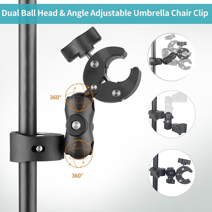 Double Clamp Mount Umbrella Chair Clamp with 360° Magic Arm, Umbrella Holder Clip for Chair Wheelchair Stroller Light Stand, Photography Reflector, Motorcycle, Live Scope Pole, Photo Boom Stand - Image 2