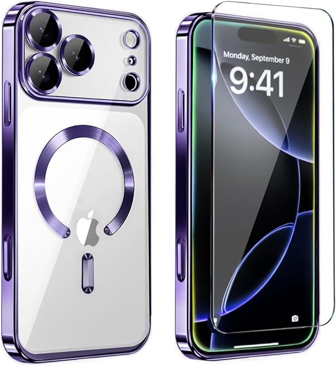 Magnetic Glossy Case for iPhone 17 Pro,iPhone 17Pro Phone Case Slim Clear Luxury with Screen Protector & Camera Protector [Compatible with MagSafe], Shockproof Cover for iPhone Pro 17-Purple by Unknown