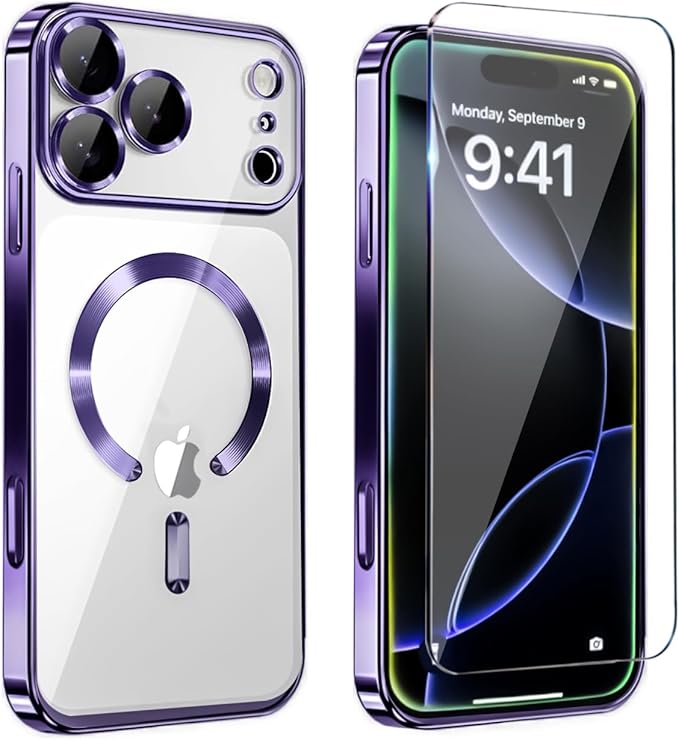Magnetic Glossy Case for iPhone 17 Pro Max,iPhone 17 ProMax Phone Case Slim Clear Luxury with Screen Protector & Camera Protector [Compatible with MagSafe], Shockproof Cover for iPhone 17 Max-Purple by Unknown
