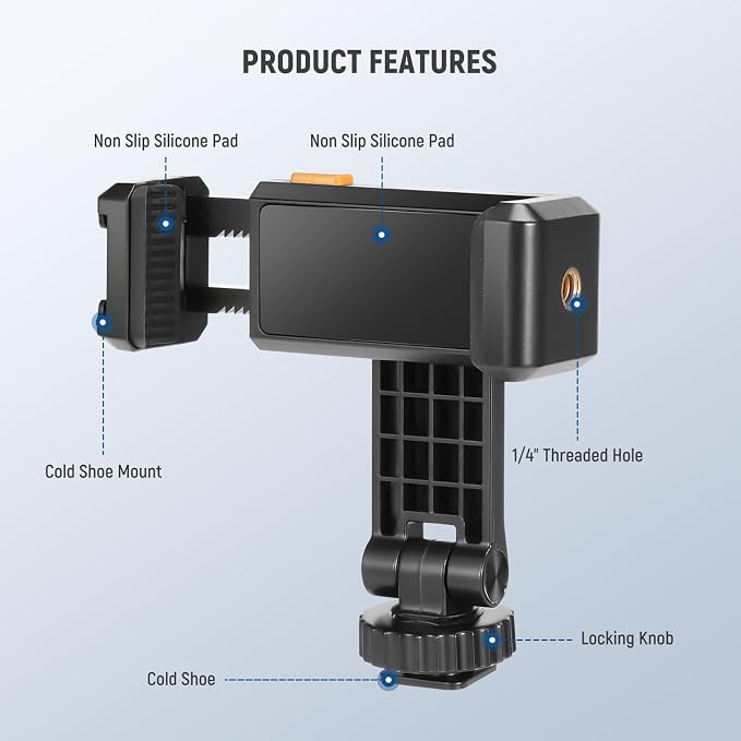 Neewer Basic Phone Tripod Mount Holder with 1/4" Thread & Cold Shoe, 2.36"-3.54"/6-9cm 360° Rotatable Camera Mount Cellphone Clamp for iPhone 16 15 14 13 12 11 Pro Max X XR Samsung S24 Ultra, SP-10 - Image 7