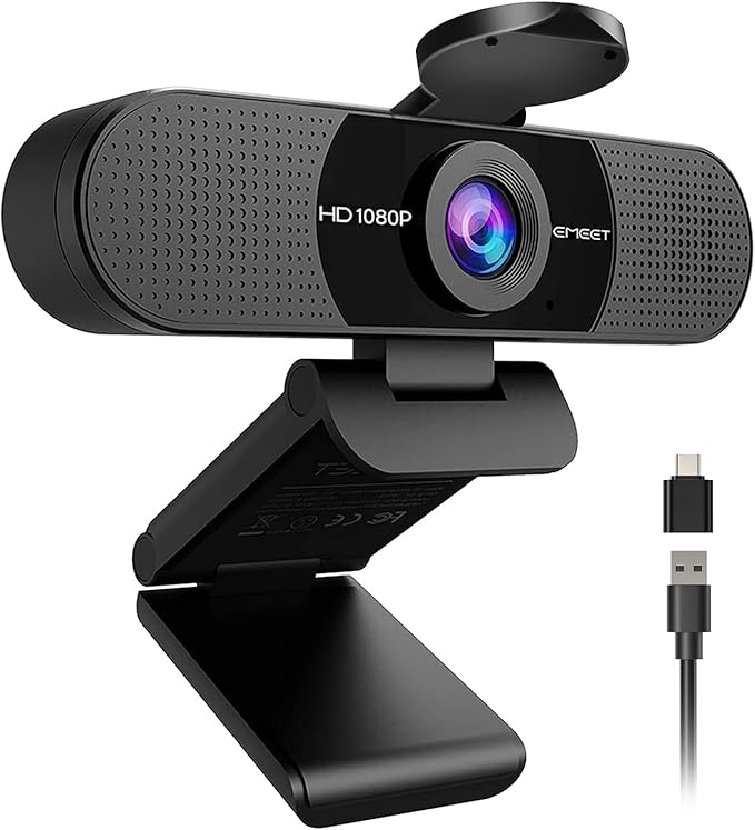 EMEET C960 1080P Webcam with Microphone, 2 Mics, 90° FOV, Computer Camera | USB Type-A & A-to-C Adapter, Fixed Focus, Plug&Play for Zoom/Teams/Facetime/YouTube/Google Meet/Switch 2 Camera, 2025 Version by EMEET